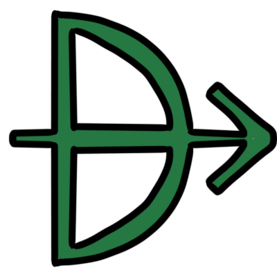 the sitelen pona glyph for the toki pona word 'alasa,' which looks like a bow and arrow, colored in green.